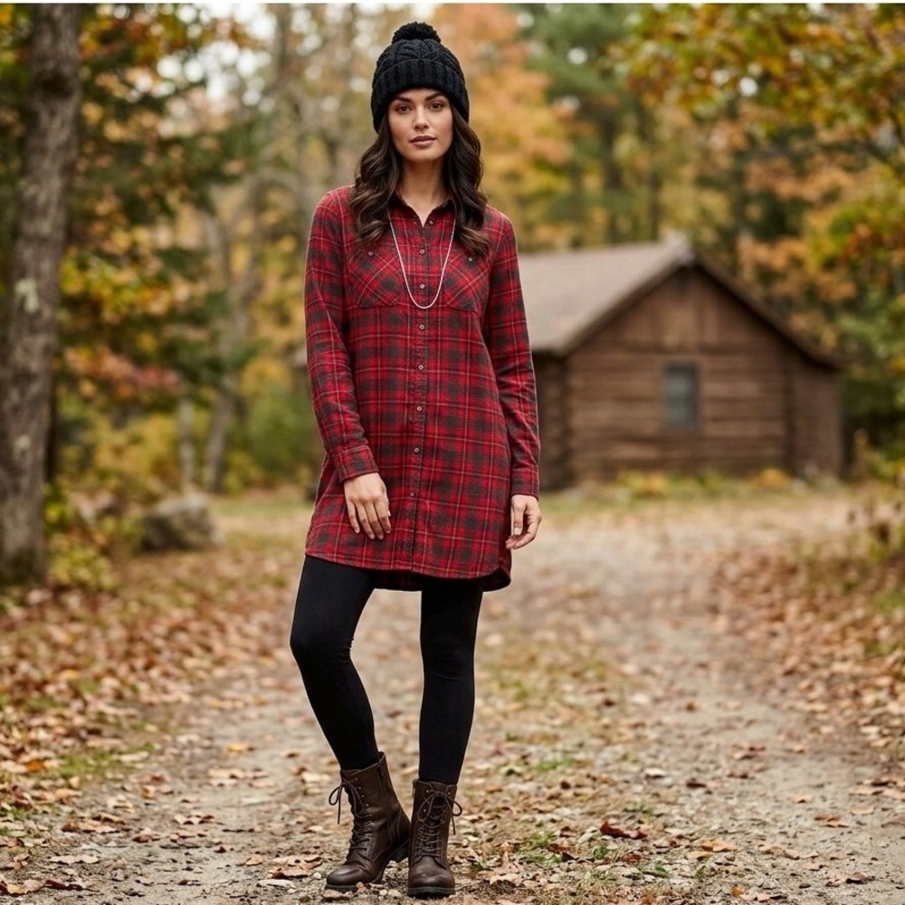 Woolrich Flannel Shirt Dress Womens XL Red Plaid Cotton Back Tie Cabincore